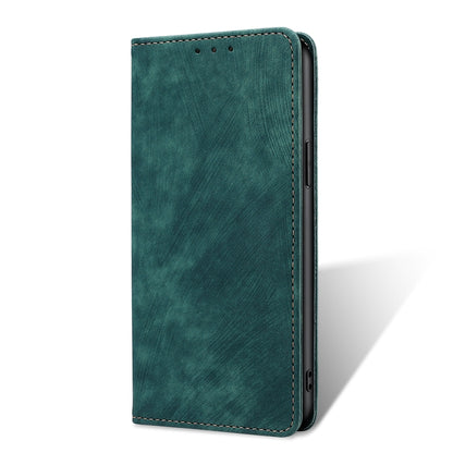 Green magnetic leather phone case, slim flip cover with stitching and side button cutouts