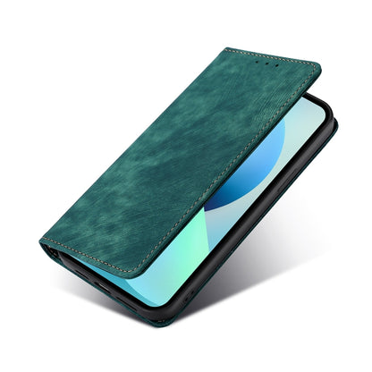 Green magnetic leather flip phone case, open cover view with screen and camera opening