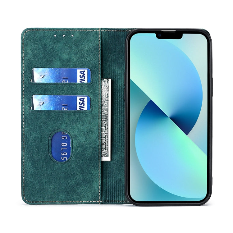 Green flip phone case with two card slots and camera opening, stitched trim