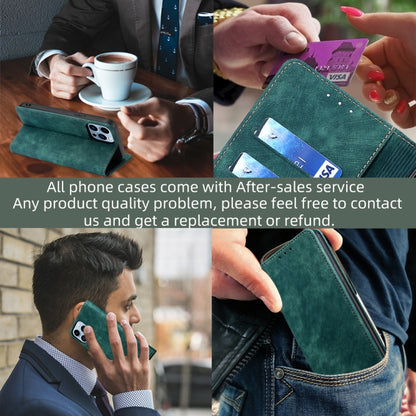 Green magnetic leather phone case held in hand, card slots visible