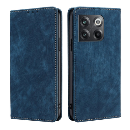 Blue magnetic leather phone case, dual-panel view with stitched trim and camera cutout