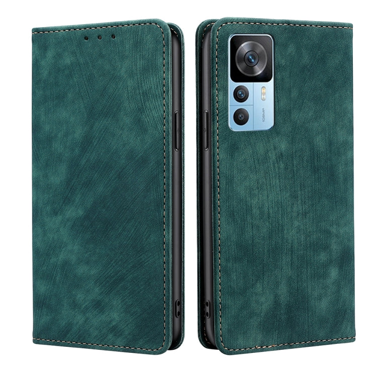Green magnetic leather phone case with flip cover; cutouts for 3 camera lenses