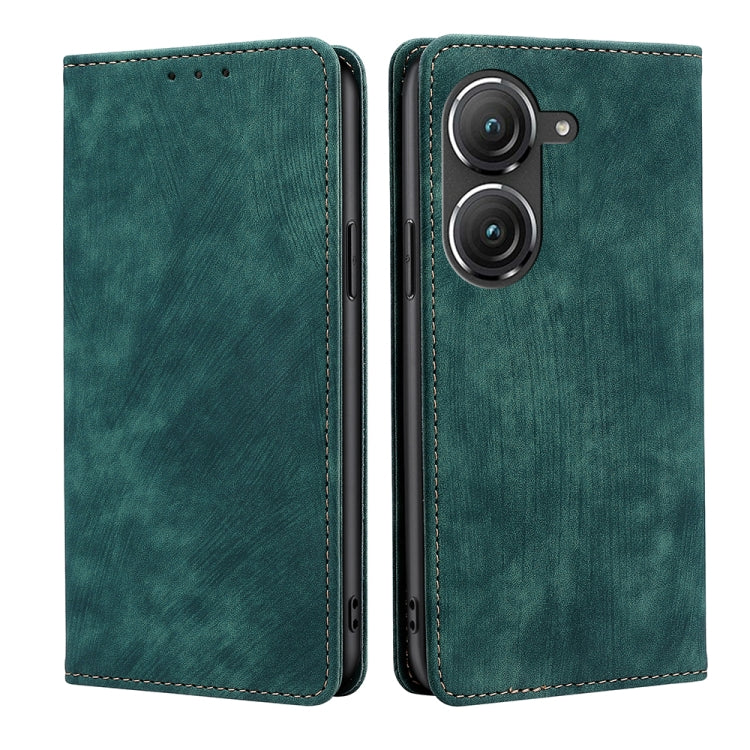 Green magnetic leather phone case with flip cover; cutouts for dual camera lenses