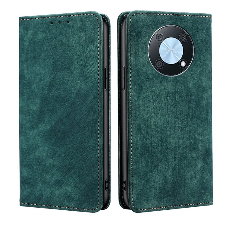 Green leather magnetic phone wallet case with RFID shield and camera cutout