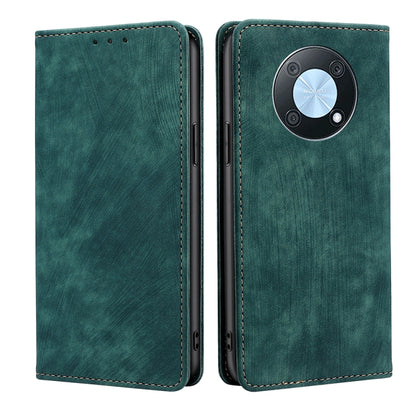 Green leather magnetic phone wallet case with RFID shield and camera cutout