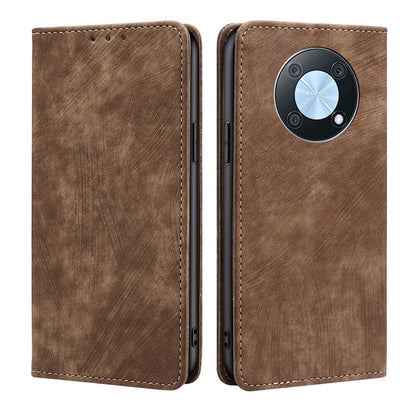 Brown leather magnetic phone wallet case with RFID shield and camera cutout