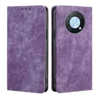 Purple leather magnetic phone wallet case with RFID shield and camera cutout