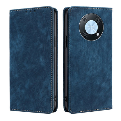 Blue leather magnetic phone wallet case with RFID shield and camera cutout