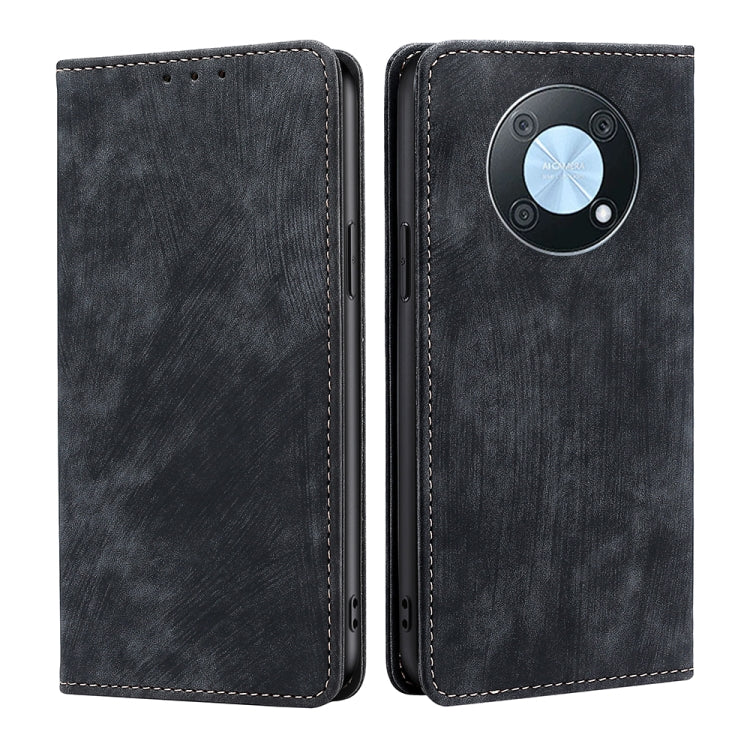 Black leather magnetic phone wallet case with RFID shield and camera cutout