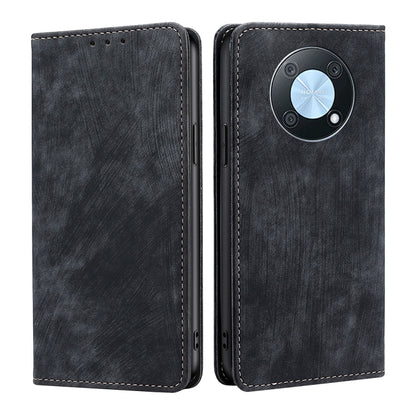 Black leather magnetic phone wallet case with RFID shield and camera cutout
