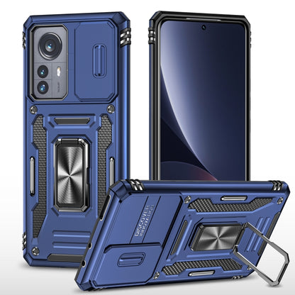 Navy blue Armor phone case with camera shield and built-in kickstand ring holder