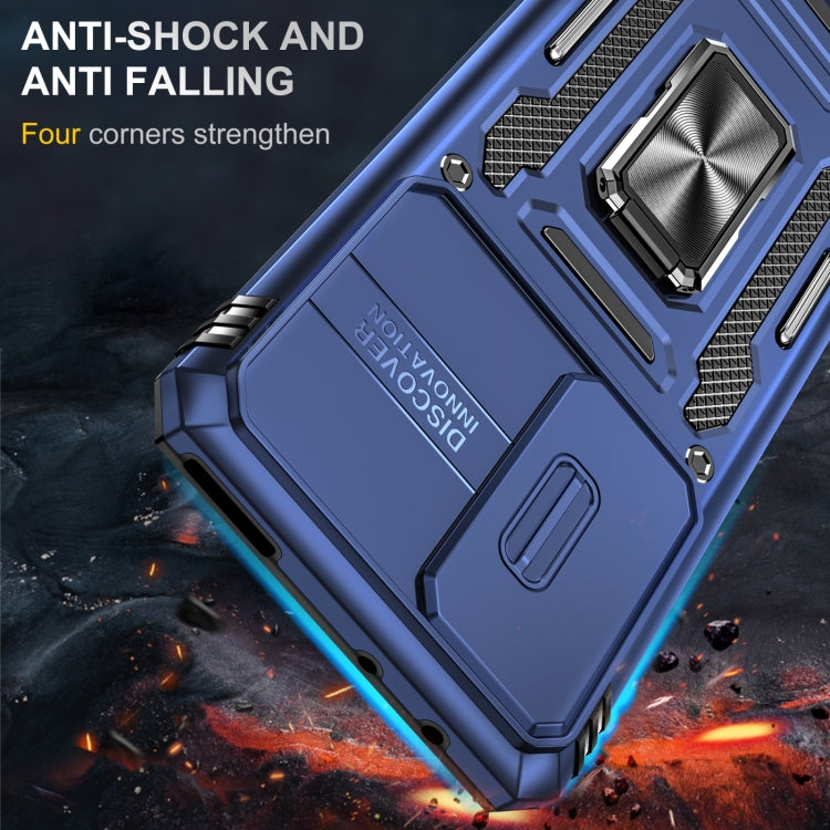 Blue Armor phone case with rugged corners, raised camera cover, and textured grip