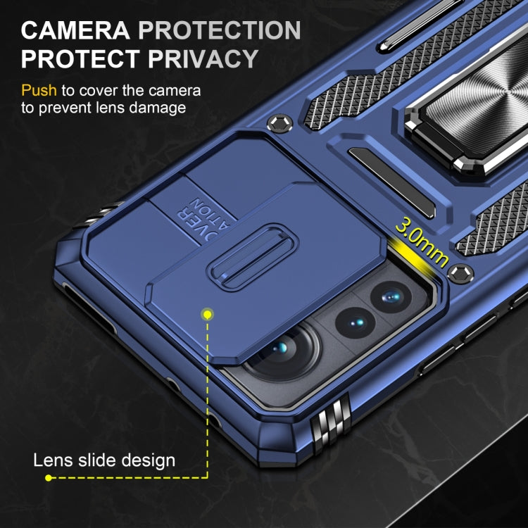 Blue Armor phone case with sliding camera cover and lens slide protection