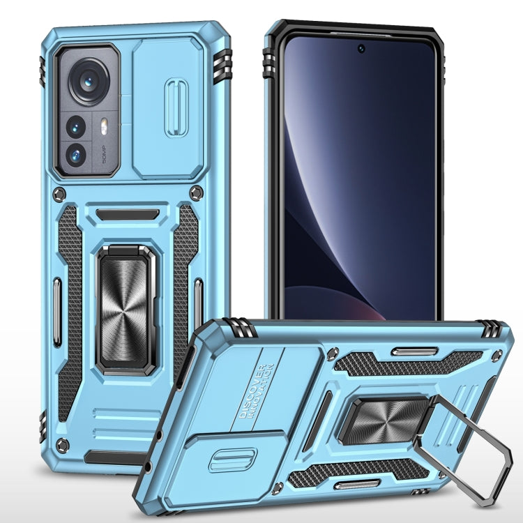 Light blue Armor phone case with camera shield and built-in kickstand ring holder