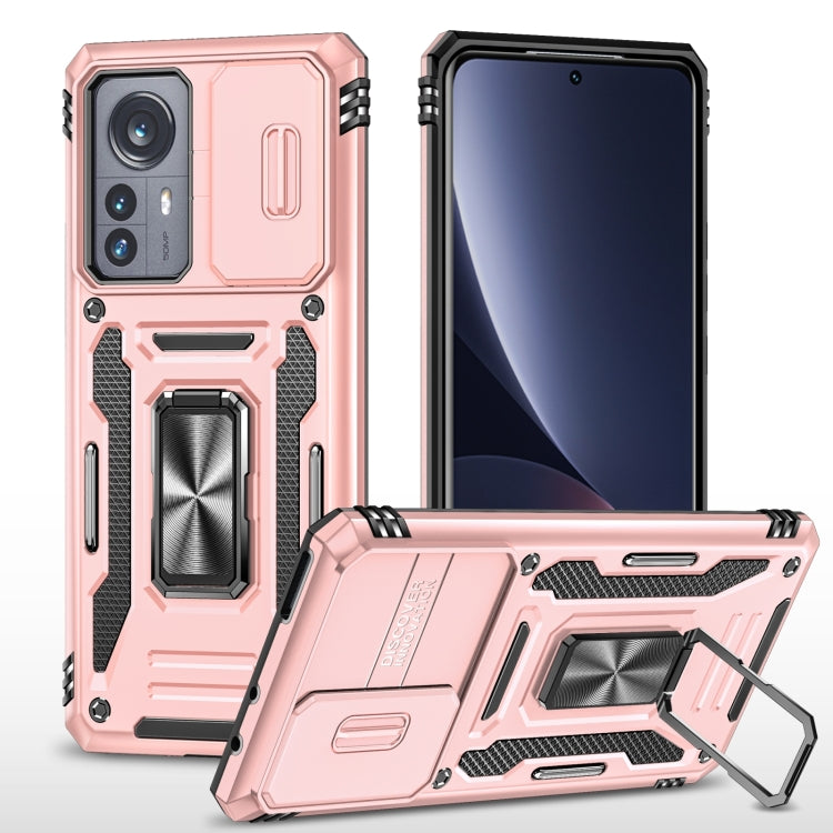Armor phone case for Xiaomi 12 in rose gold with camera shield and kickstand