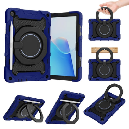 Dark blue tablet case with black circular ring stand and hand strap protection