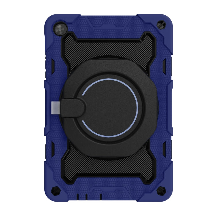 Dark blue tablet case with large black circular ring stand and camera cutout