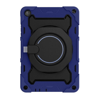 Dark blue tablet case with large black circular ring stand and camera cutout