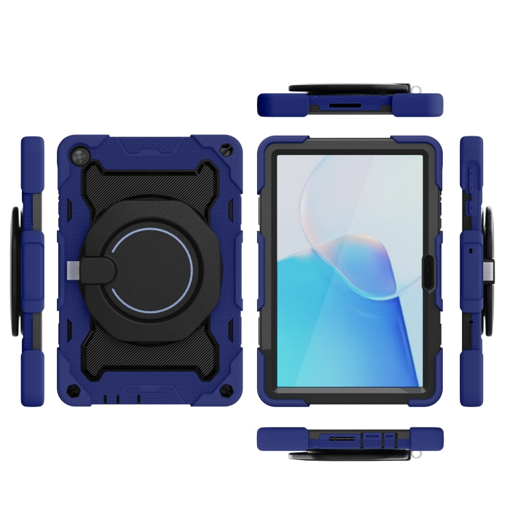 Dark blue tablet case shown in front, back, and side views with circular ring stand