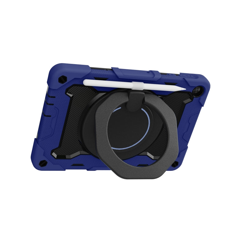 Dark blue tablet case with black circular ring stand and white stylus holder