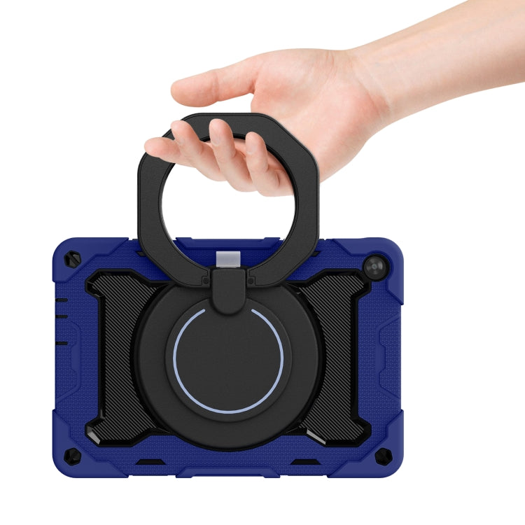 Dark blue tablet case with black circular ring stand; hand holds the strap ring
