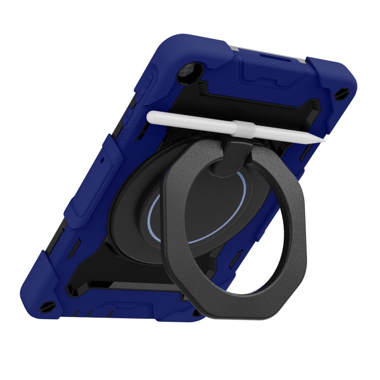 Dark blue tablet case angled view with black circular ring stand and strap
