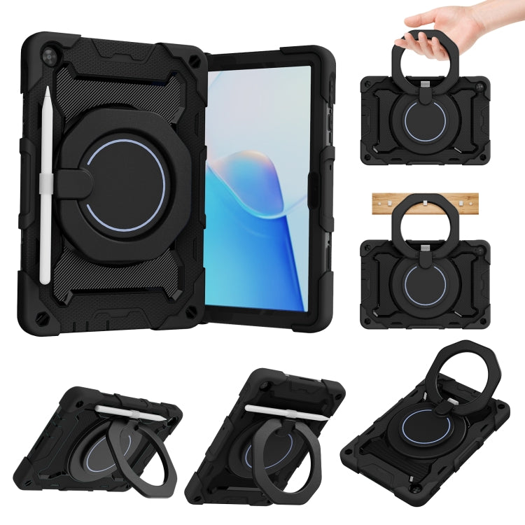 Black tablet case with large circular ring stand and hand strap protection