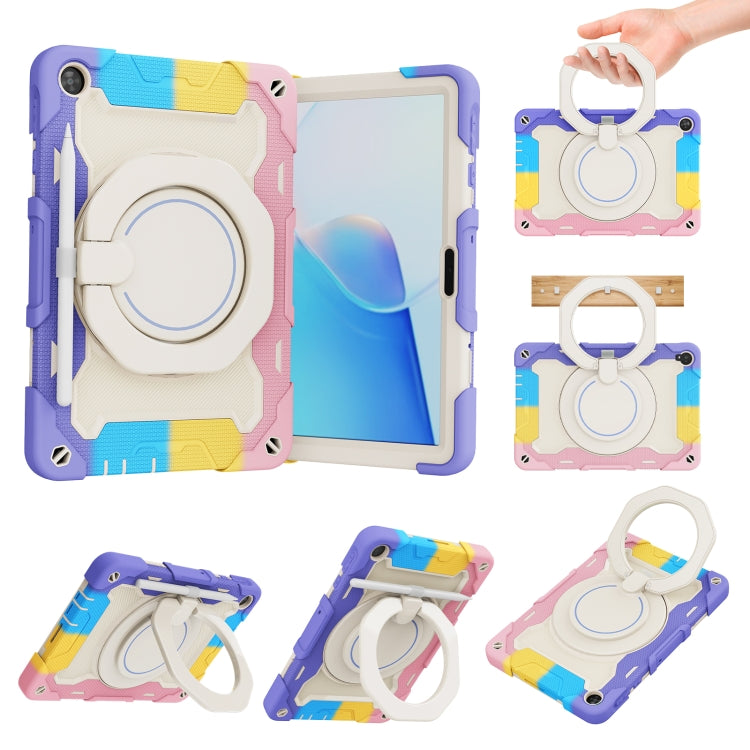 Rainbow multicolor tablet case with cream ring stand and hand strap