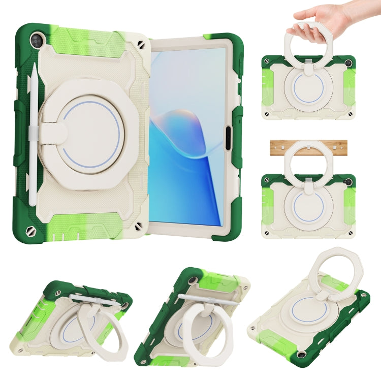 Rainbow green tablet case with cream circular ring stand and hand strap