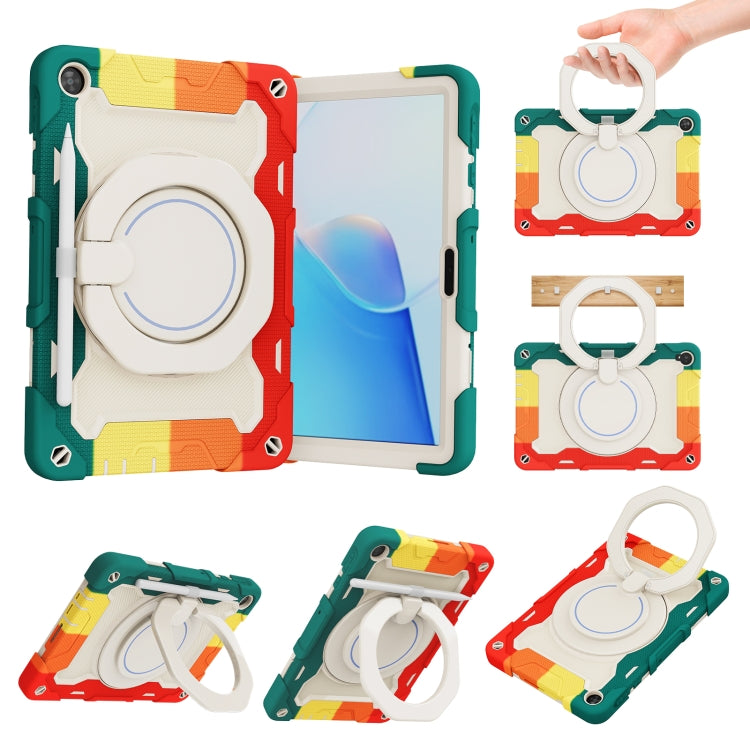 Rainbow multicolor tablet case with cream circular ring stand and hand strap