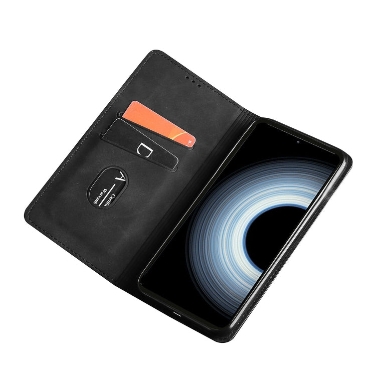 Magnetic flip leather phone case in black, open view with card slot and inner cover