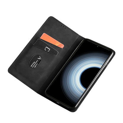 Magnetic flip leather phone case in black, open view with card slot and inner cover