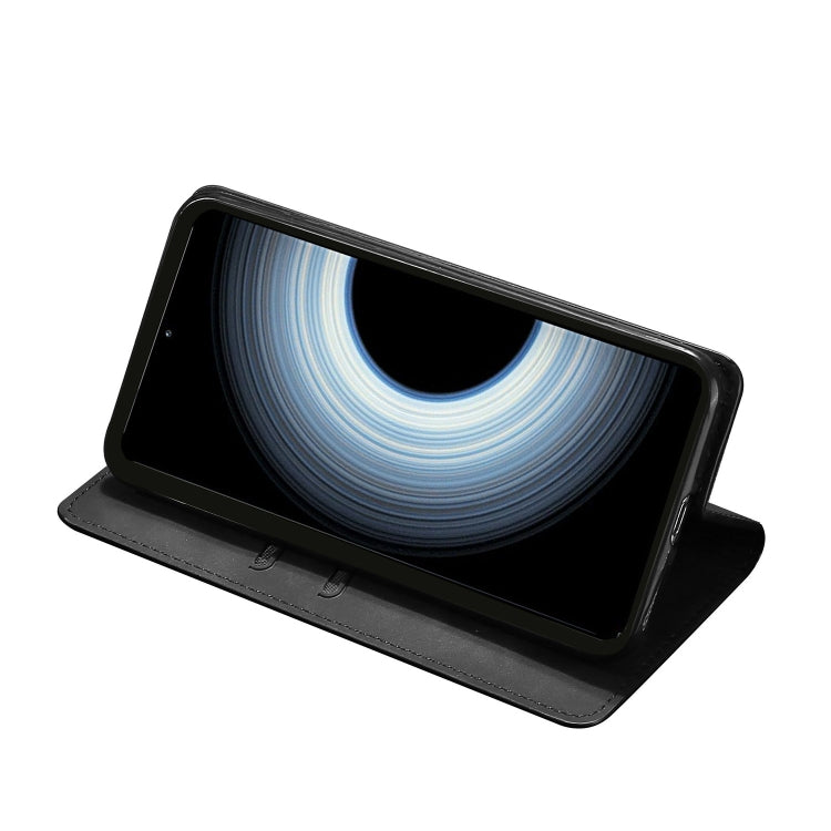 Magnetic flip leather phone case in black, open stand for horizontal viewing