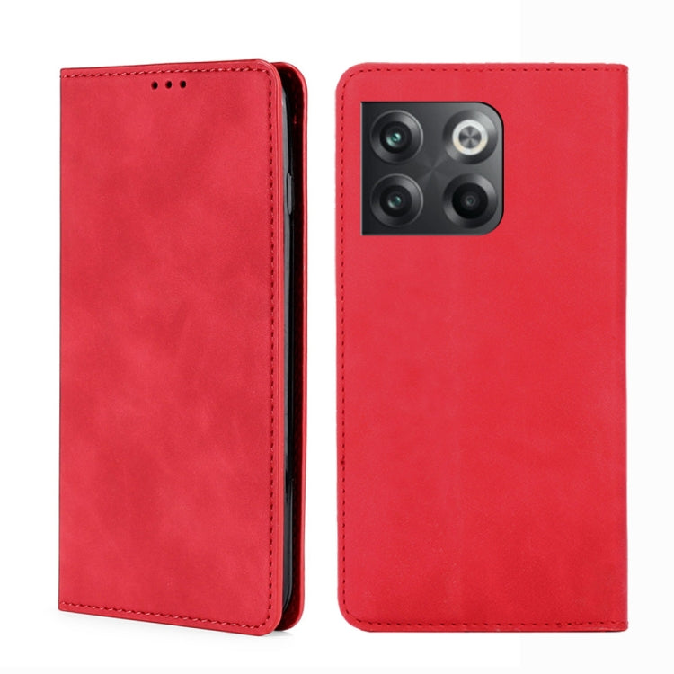 Magnetic flip leather phone case in red, with back camera cutout and stitched borders