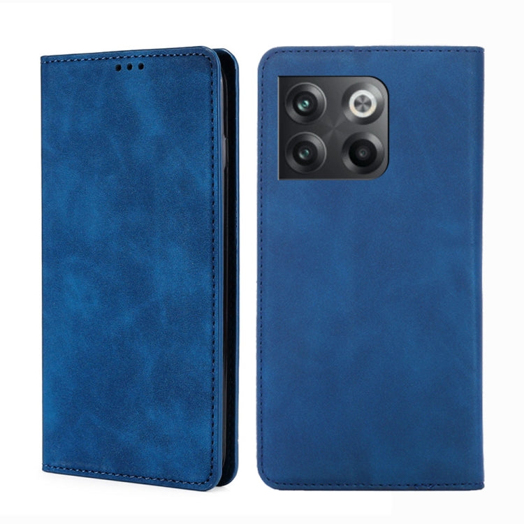 Magnetic flip leather phone case in blue, with back camera cutout and visible seams