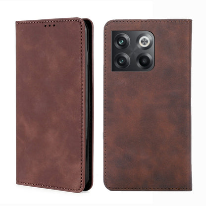 Magnetic flip leather phone case in dark brown, with back camera cutout and stitched edge
