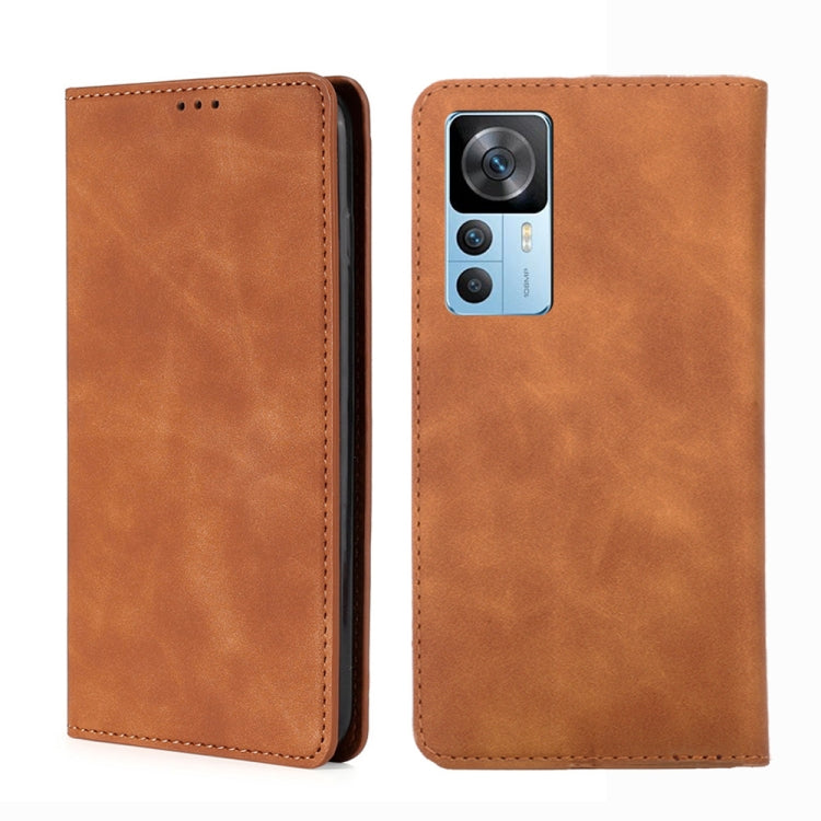 Magnetic flip leather phone case, light brown; front flip cover and camera cutout