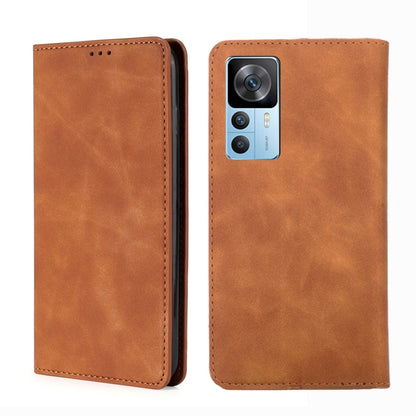 Magnetic flip leather phone case, light brown; front flip cover and camera cutout