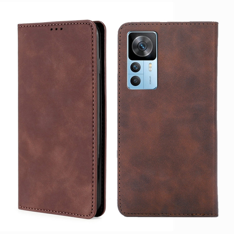 Magnetic flip leather phone case, dark brown; front flip cover and camera cutout