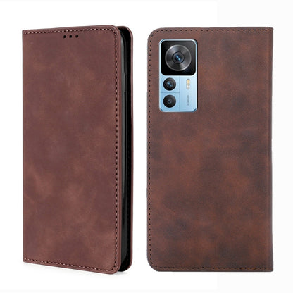 Magnetic flip leather phone case, dark brown; front flip cover and camera cutout