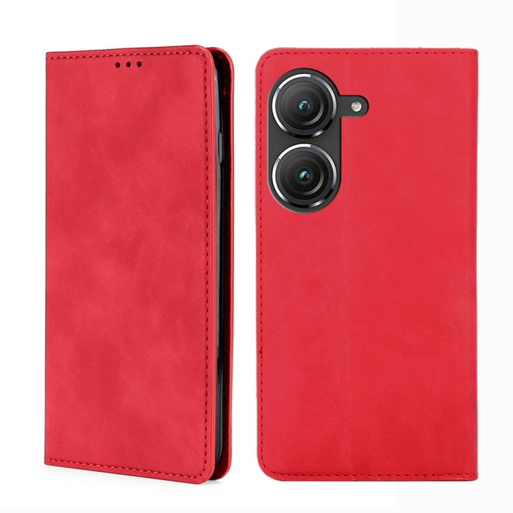 Magnetic flip leather phone case, red; back with dual-lens camera module cutouts