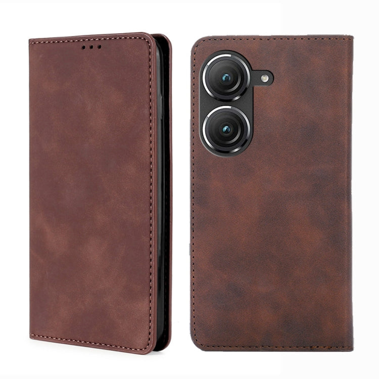 Magnetic flip leather phone case, dark brown; back with dual-lens camera module cutouts
