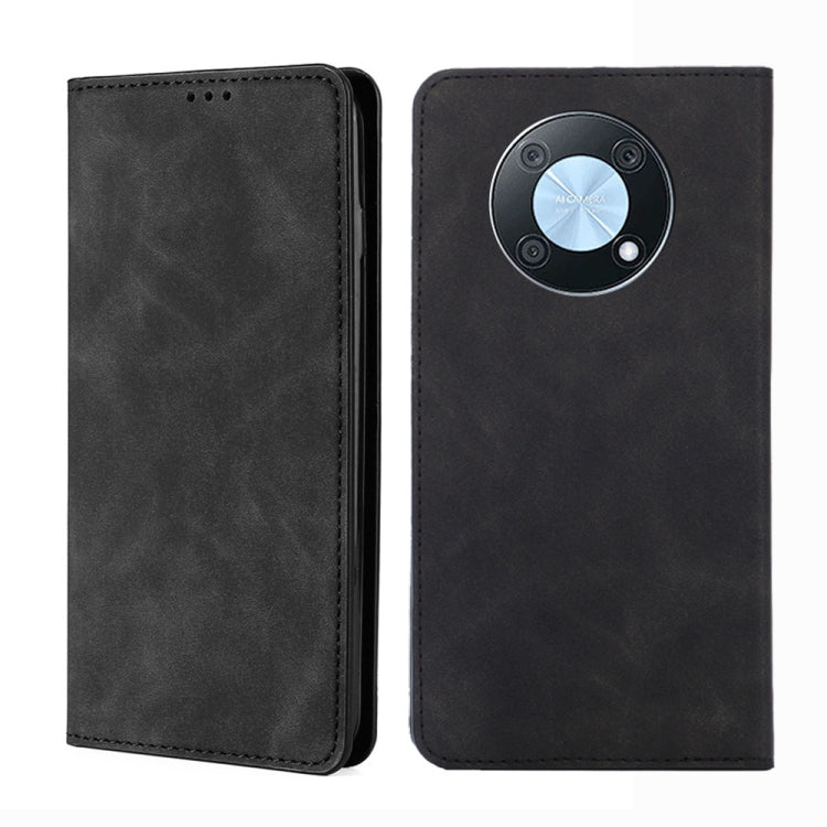 Magnetic flip leather phone case, black; front flip cover with circular camera cutout