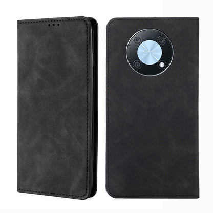 Magnetic flip leather phone case, black; front flip cover with circular camera cutout