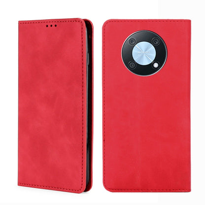 Red magnetic horizontal flip leather phone case with circular front clasp and stitching