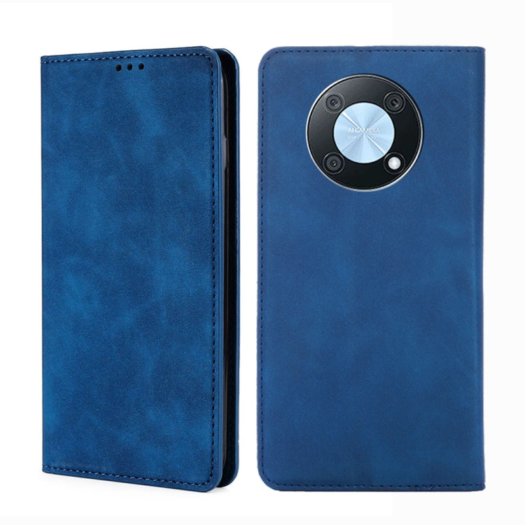 Blue magnetic horizontal flip leather phone case with circular front clasp and stitching