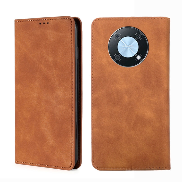 Light brown magnetic horizontal flip leather phone case with circular front clasp and stitching