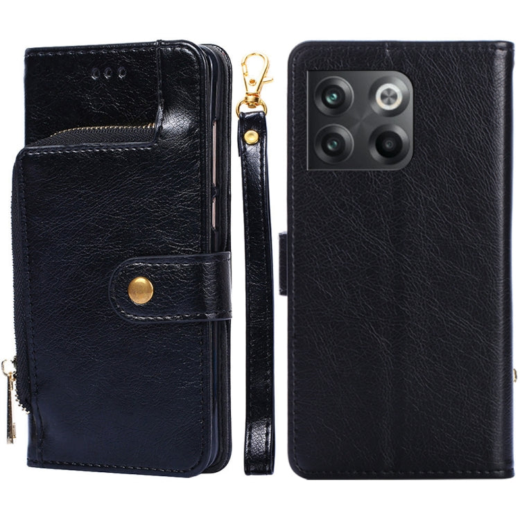 Black leather zipper phone case with flip cover and card pocket, showing front and back.