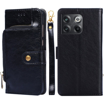 Black leather zipper phone case with flip cover and card pocket, showing front and back.