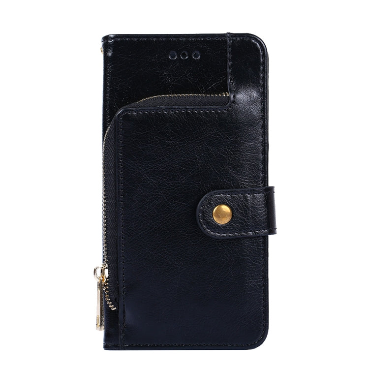 Black leather zipper phone case with flip cover and snap tab closure.